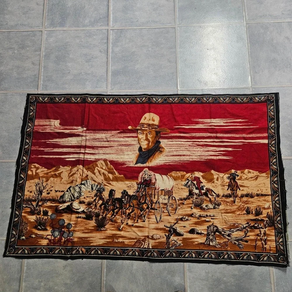 Vintage John Wayne Western Tapestry Wall Hanging Stagecoach Red 55x34